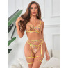SUBBLIME - 954345 BRA + THONG + GARTER BELT FLORAL DESIGN YELLOW S/M