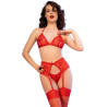 CHILIROSE - CR 4848 CONJUNTO SUTIÃ DE RENDA VERMELHA + TANGA + MEIAS L