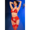 CHILIROSE - CR 4848 CONJUNTO SUTIÃ DE RENDA VERMELHA + TANGA + MEIAS L
