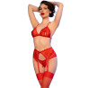 CHILIROSE - CR 4848 SET SUJETADOR + TANGA + MEDIAS DE ENCAJE ROJO XL