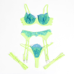 SUBBLIME - 955328 ENSEMBLE SOUTIEN-GORGE AVEC LIGNES DENTELLE ET JARRETELLE VERT ET BLEU L/XL