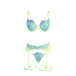 SUBBLIME - 955328 ENSEMBLE SOUTIEN-GORGE AVEC LIGNES DENTELLE ET JARRETELLE VERT ET BLEU L/XL