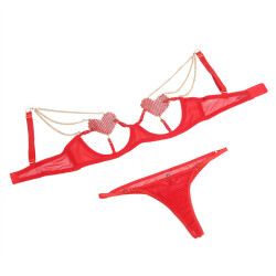 SUBBLIME - 955519 KOMPLET BIUSTONOSZA Z ŁAŃCUSZKAMI I SIATKĄ SERCE CZERWONY S/M