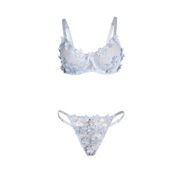 SUBBLIME - 957629 ENSEMBLE SOUTIEN-GORGE ET CULOTTE BRODÉS DE FLEURS BLEU CIEL S/M