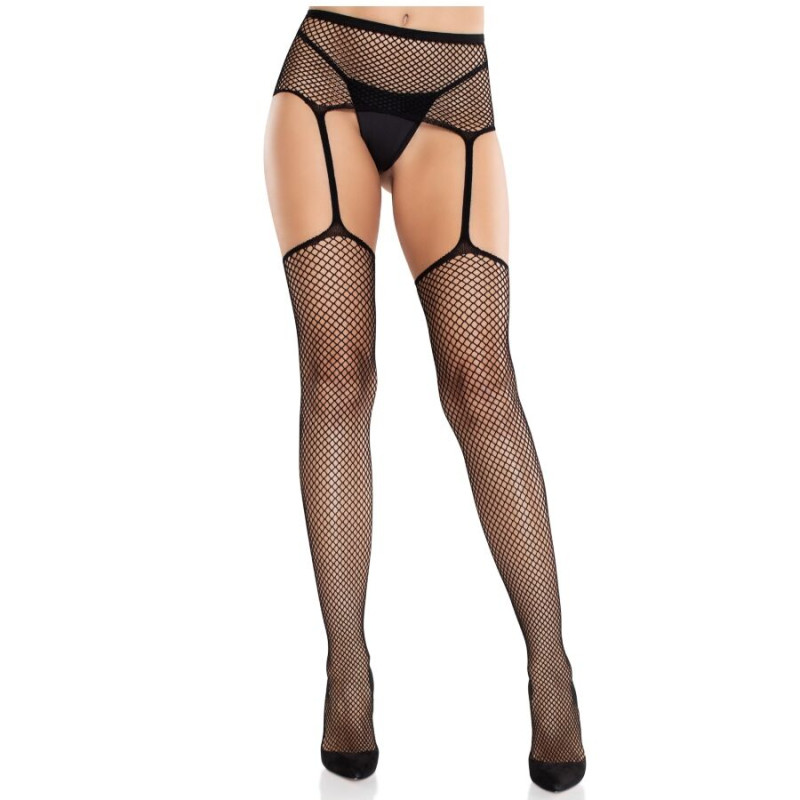 LEG AVENUE - BAS EN DENTELLE AVEC CROIX ET PORTE-JARRETELLES NOIR