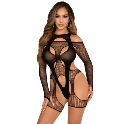 LEG AVENUE - BODYSTOCKING Z SIATKI RYBACKIEJ Z PASKIEM DO POŃCZOSZKÓW I UPRZĘŻAMI CZARNY