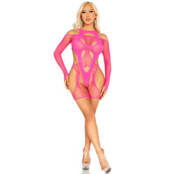 LEG AVENUE - BODYSTOCKING Z SIATKI RYBACKIEJ Z PASKIEM DO POŃCZOSZK I UPRZĘŻAMI NEONOWY RÓŻ