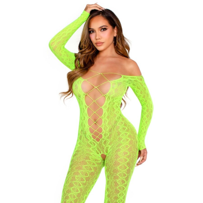 LEG AVENUE - BODYSTOCKING BEZ KROKU EGZOTYCZNA KORONKA WĘŻOWA NEONOWA ZIELONA