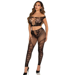 LEG AVENUE - TOP Z DZIURKĄ I LEGGINSAMI Z ODKRYTYMI RAMIONAMI CZARNY