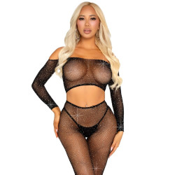 LEG AVENUE - TOP Z DZIANINY CROP I LEGGINSY Z SIATKI RYBACKIEJ Z KAMIENIAMI CYRKONIA CZARNY